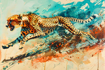 A cheetah runs through an abstract watercolor landscape.