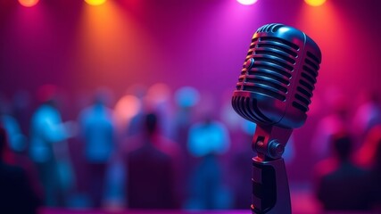 Microphone on colorful neon bokeh background. Speeches Microphone for performance singing karaoke party, Microphones for speaker press conference. Horizontal banner.