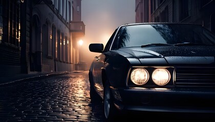 Fototapeta premium A cinematic close-up shot of a black muscle car with gleaming headlights parked alone in a foggy, narrow alley at dusk.