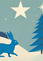 Dessin na&iuml;f d'un lapin bleu au clair de lune avec un sapin et une &eacute;toile dans la ciel