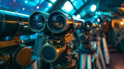 Fototapeta premium Row of large, antique binoculars stand on tripods on an observation deck, pointing out into the night towards a blue cityscape