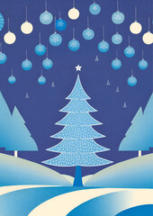 Dessin na&iuml;f de sapins bleu dans la neige avec des boules de N&Ocirc;el dans la ciel