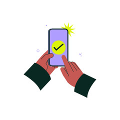 Hands Holding Smartphone With Check Mark In Flat Vector Illustration Symbolizing Mobile Verification, Approval, And Digital Confirmation, Isolated On White Background