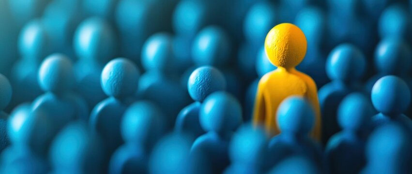 individuality, leadership, uniqueness, crowd, difference, stand out, blue figures, yellow figure, concept of isolation, social dynamics, visual metaphor, characters of representation