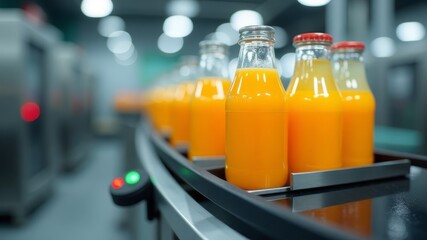 Juice bottles are lined up on a conveyor belt in a modern production facility, showcasing efficiency in beverage manufacturing.
