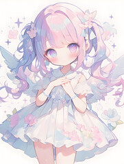 A cute anime girl with pink and blue hair, wearing a white dress with flowers and butterflies, on a white background with stars.