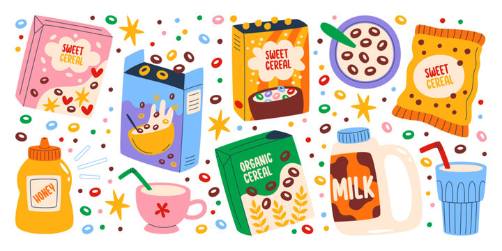 Set of packs with sweet cereal corn flakes and milk bottle for breakfast and snack preparation
