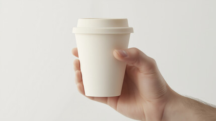 Person Holding White Takeaway Coffee Cup: A hand holding a plain white takeaway coffee cup against a minimalist background, showcasing simplicity and modern style.
