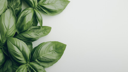 Fototapeta premium Fresh Basil Leaves on Light Background: A close-up of fresh green basil leaves placed on a light background, highlighting their vibrant color and texture.