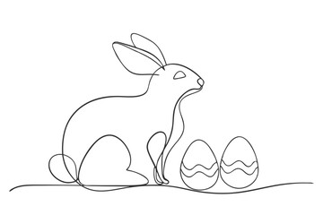 Easter Bunny and Eggs Line Art Simple One-Line Vector Design