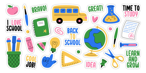 Back to school, education time stickers and motivational quote phrases isolated collection