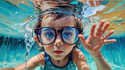 Playful Child Underwater with Big Glasses
