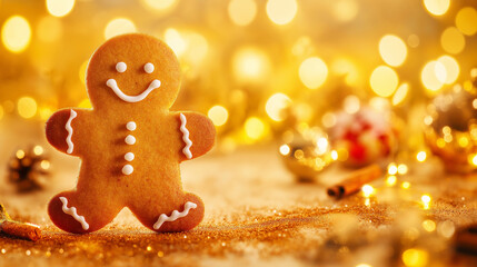 Smiling Gingerbread Man with Festive Background: A cheerful gingerbread man cookie with decorative frosting stands against a warm, golden holiday background with Christmas ornaments and bokeh lights.