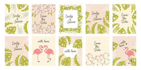 Tropical card templates set for wedding invitation, marriage celebration, baby shower congratulation