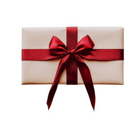 White gift box with red ribbon tied around it. Christmas or birthday element on transparent