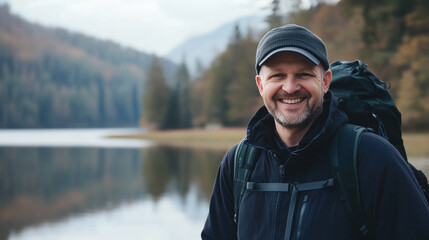 W pięknym naturalnym parku, mężczyzna w wieku 50 lat, z radosnym uśmiechem na twarzy, cieszy się chwilą nad jeziorem.