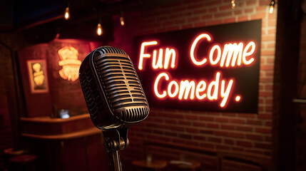 Microphone on Stage with Neon Comedy Sign: A retro-style microphone in focus with a neon sign...