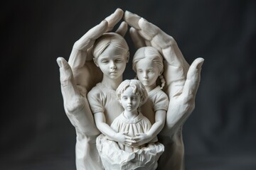 Fototapeta premium 3D sculpture portraying two human hands gently cradling small figures of a girl and boy