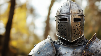 Fototapeta premium Ubrany w masywną zbroję, mężczyzna wygląda jak prawdziwy rycerz gotowy do walki.