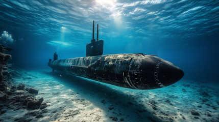 Obraz premium Wojskowa łódź podwodna z charakterystycznym kadłubem zanurza się w mrocznych wodach.