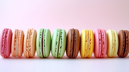 Colorful Macarons in a Row: A vibrant assortment of macarons in pastel colors lined up, displaying a range of flavors and a cheerful, playful presentation.