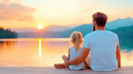 Fototapeta premium Father and daughter enjoy a serene sunset by the lake, creating a heartwarming moment, AI