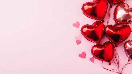 Red heart balloons on a pink background with copy space.