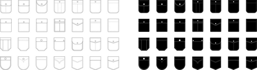Patch pocket icon for clothing. Patch pockets with and without buttons zipper rivets line icons set isolated on white. Clothing design elements collection. Isolated vector illustration.