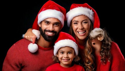 Family with a bearded husband, blonde wife, and daughter wearing a Santa hat with a black background
