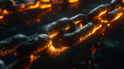 Close-Up of Glowing Metal Chain Links: A macro shot of heavy metal chain links with a glowing effect, symbolizing strength, connection, and industrial themes.