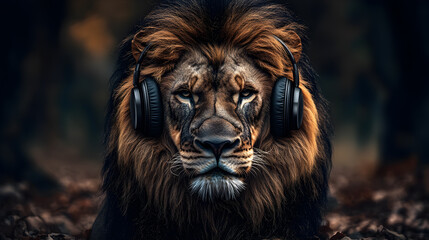 A majestic lion with headphones on, looking directly at the camera.