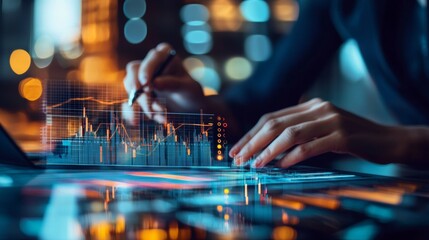 Hands analyzing financial graphs with digital holographic interface