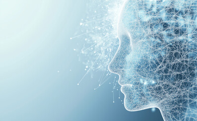 Digital Head with Neural Connections in Blue: Abstract digital rendering of a human head profile made of glowing connections, representing artificial intelligence, neural networks, and futuristic tech