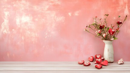 Floral vase with heart decorations on a pastel pink background.