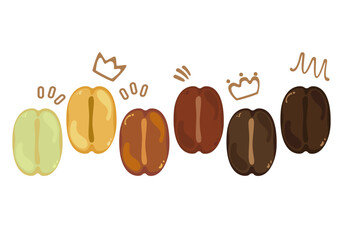 Set of vector illustrations of delicious cafe coffee drinks. Stages of roasting of coffee beans, light, medium, dark. Isolated on a white background. For designing food and drink menus Easy to edit.