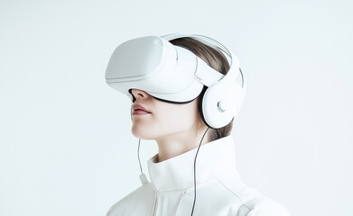 Minimalist Woman Wearing VR Headset: A modern, futuristic image of a woman wearing a sleek virtual reality headset, isolated against a clean white background, representing technology and innovation.