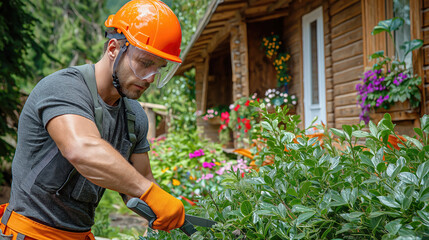 Gardener pruning bushes in vibrant cottage garden with safety gear