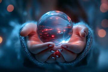 Girl fortune teller holding a divination crystal ball on a magic table background.