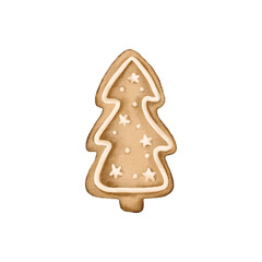 Watercolor Christmas tree-shaped gingerbread with white icing. Watercolor illustration of gingerbread cookies isolated on a white background