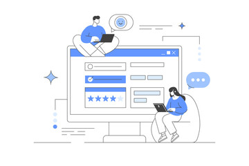 Characters with devices sitting near computer, filling survey form, giving positive five star feedback and writing comments. User experiences concept. Vector Illustration, icon. Stylish, Minimalist 