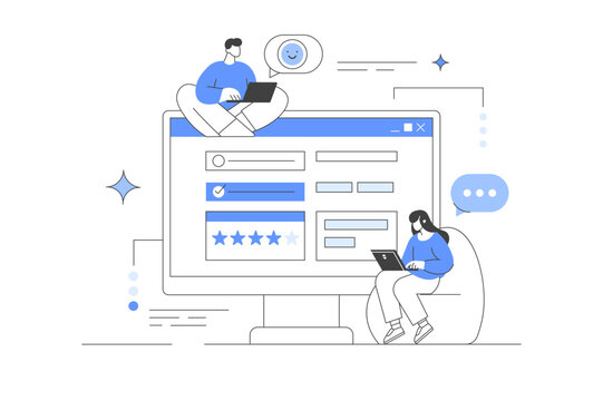 Characters with devices sitting near computer, filling survey form, giving positive five star feedback and writing comments. User experiences concept. Vector Illustration, icon. Stylish, Minimalist 