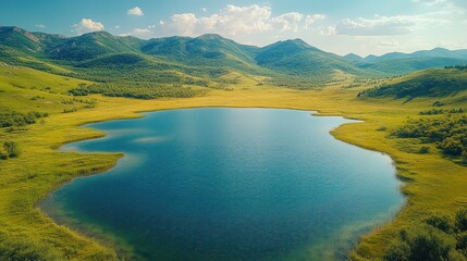 Aerial view of a serene lake surrounded by lush green mountains and grasslands under a clear blue sky.