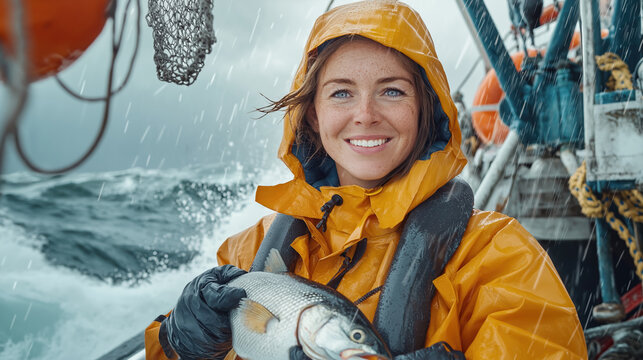 Joyful fisherwoman holding catch on rainy day at sea