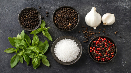 "On a dark concrete background, a selection of ingredients for home cooking, including pepper, salt, spices, and fresh herbs, is beautifully arranged."

