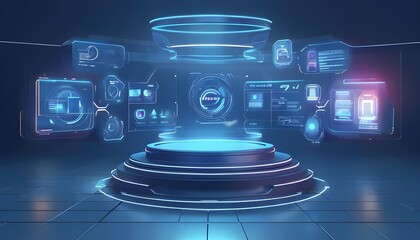Futuristic 3D Podium with HUD Elements
