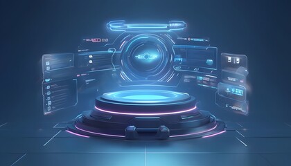 Futuristic 3D Podium with HUD Elements
