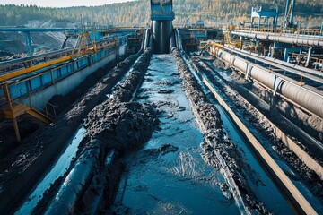 Conveying industrial progress with water and mud flow at an active excavation site. Generative AI