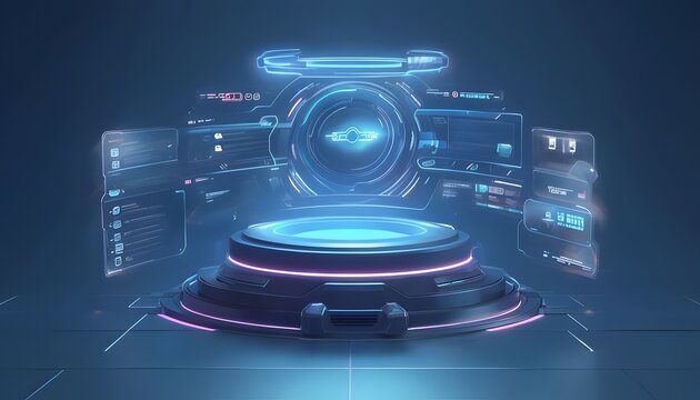 Futuristic 3D Podium with HUD Elements
