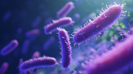 Bright pink microorganisms thrive in an illuminated habitat, representing vitality and the vibrant energy of microscopic ecosystems through a detailed artistic lens.