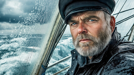 Weathered sailor navigating stormy seas in vintage boat with determined expression